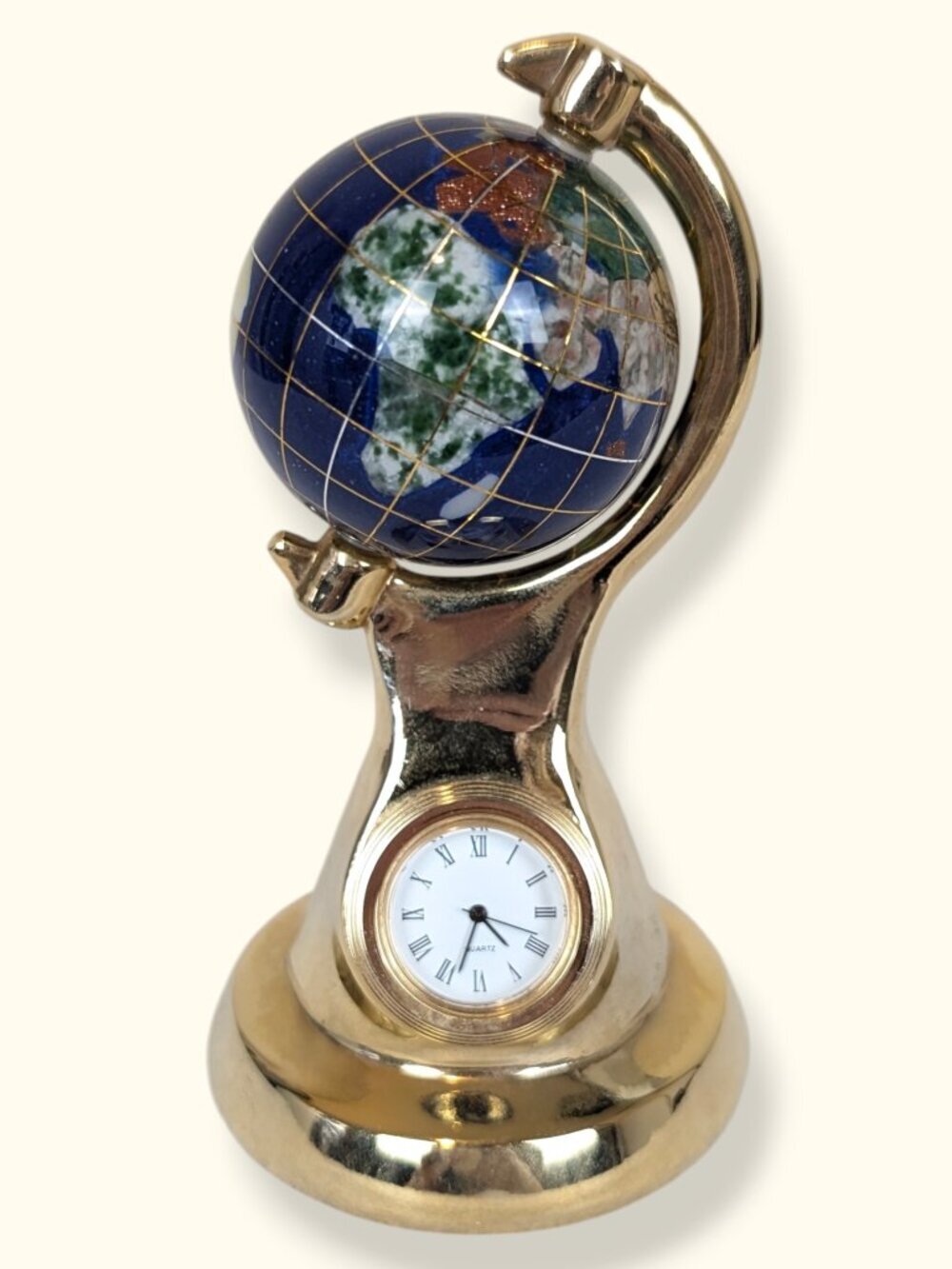 Small Lapis Desk Clock Globe - Semi Precious Stone Continents